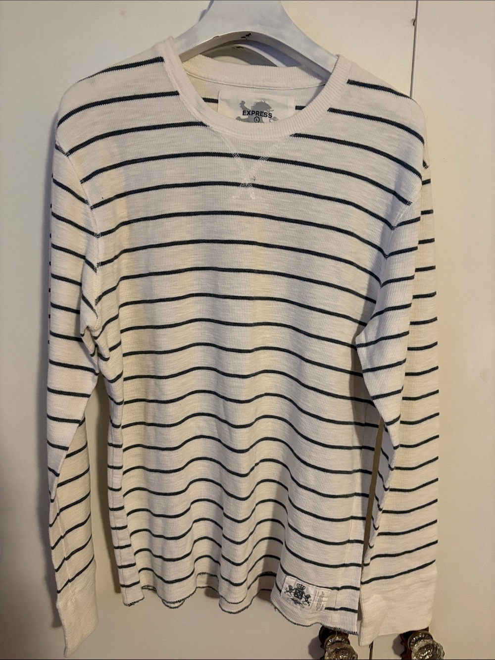 Express White and Black Striped Long Sleeve Crew Top